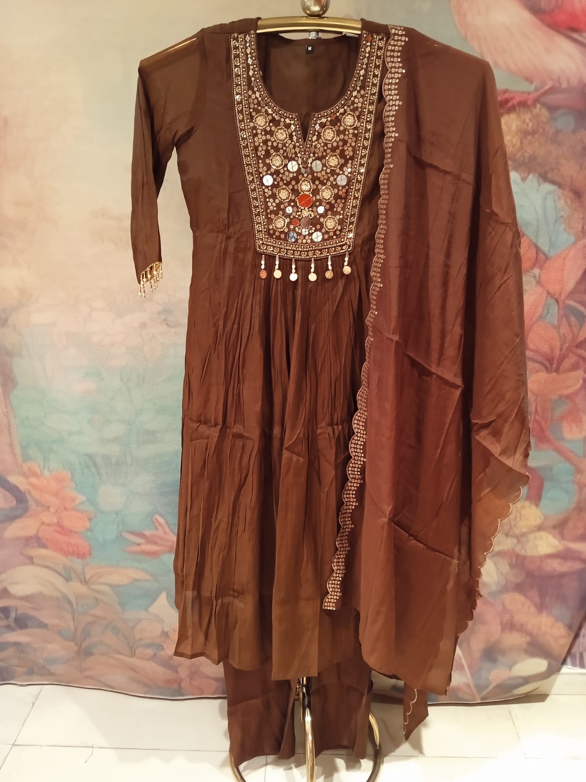 Imperial Chocolate Mul Chanderi Anarkali Set.