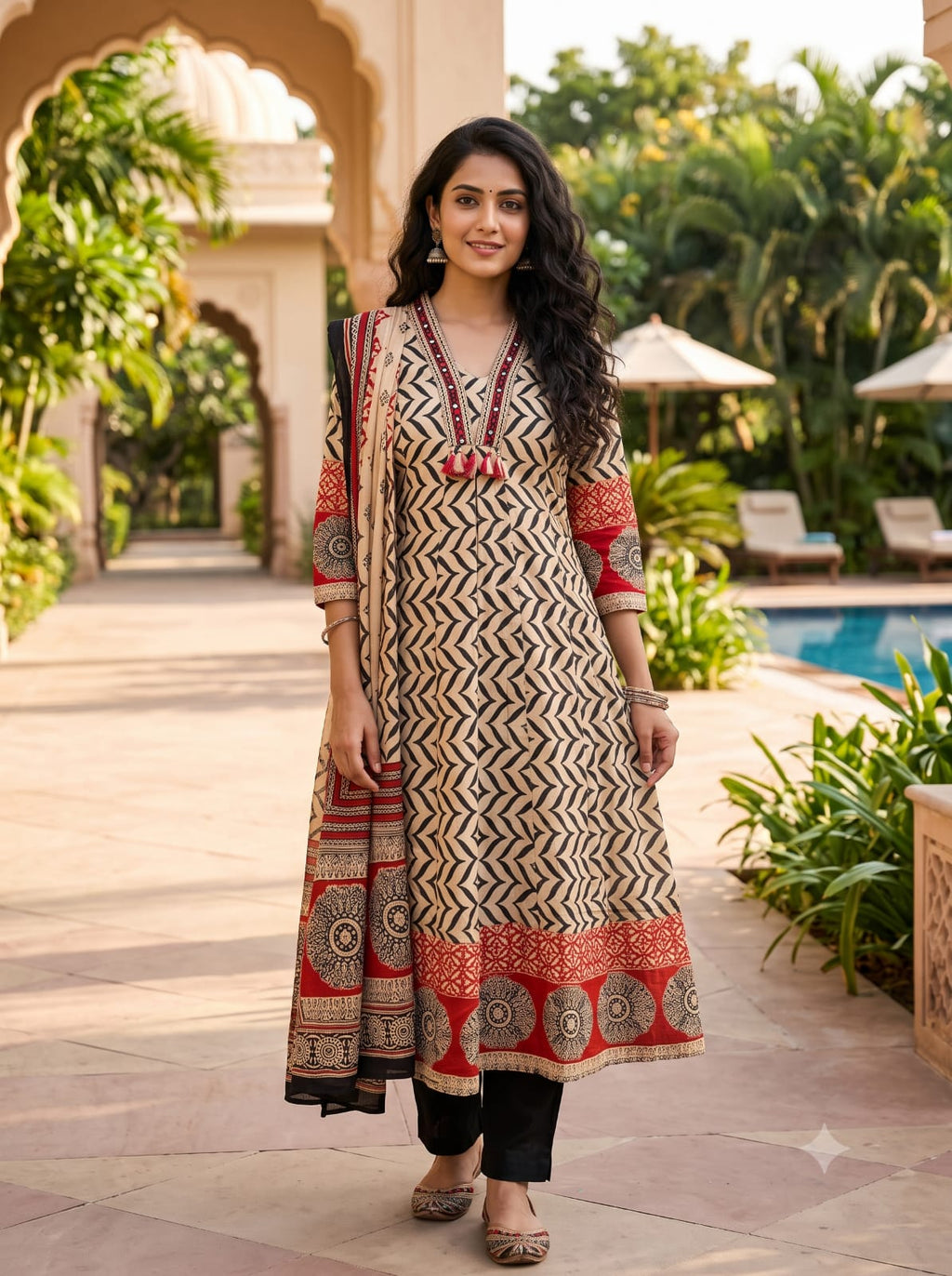 Cream Tribal Chevron Mul Cotton Ajrakh-Inspired Kurta Pant Set.