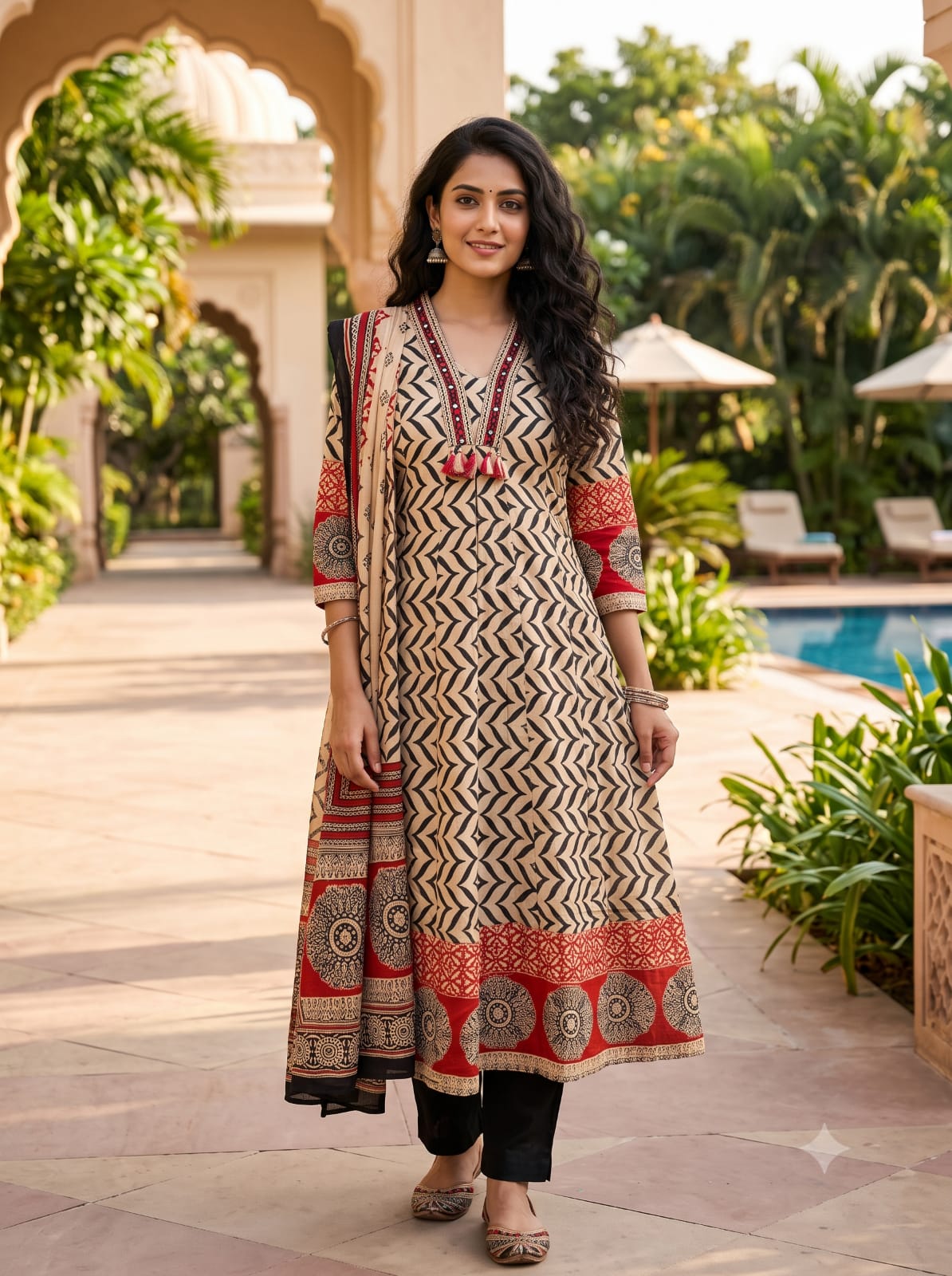 Cream Tribal Chevron Mul Cotton Ajrakh-Inspired Kurta Pant Set.