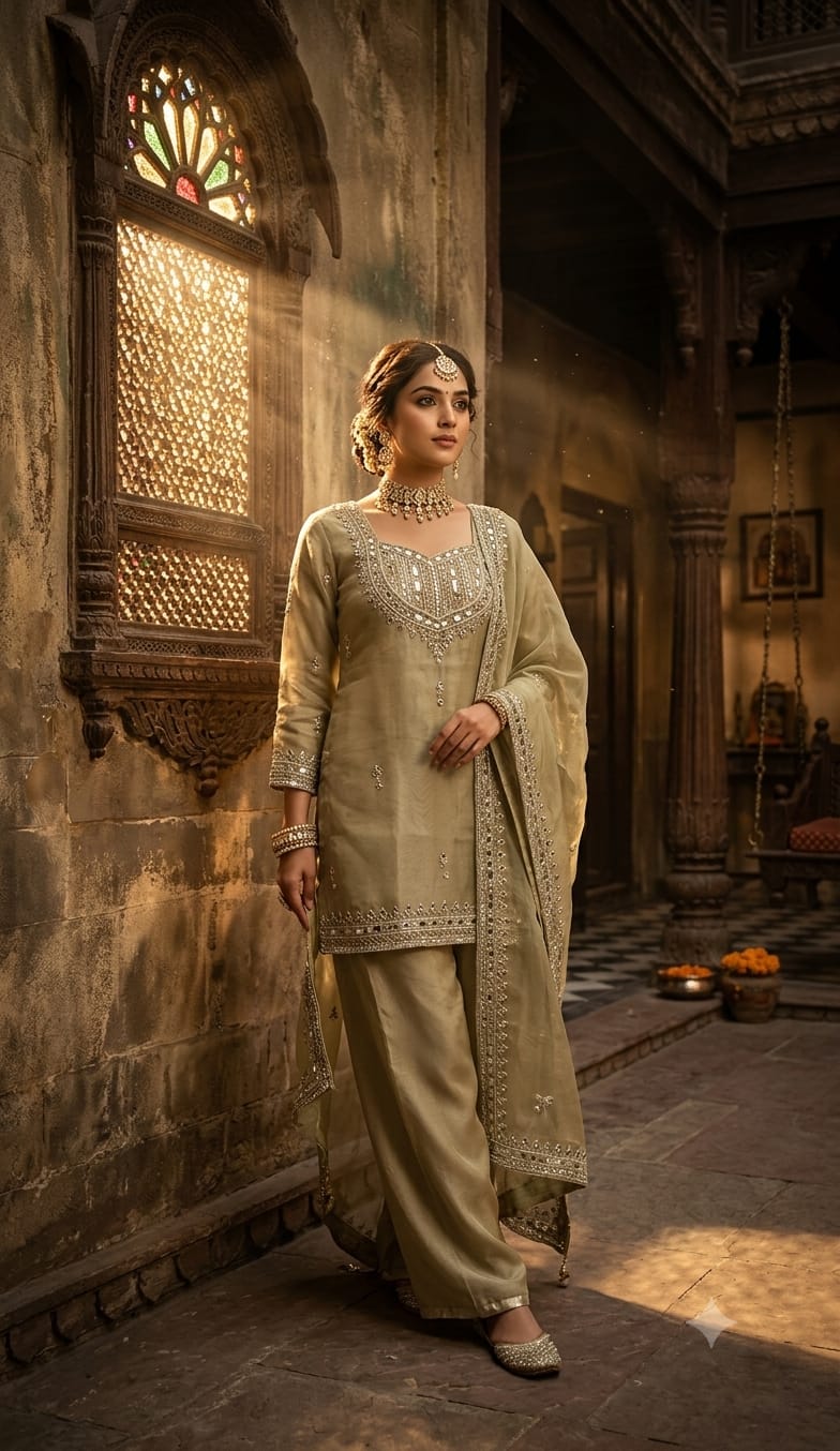 Champagne Gold Tissue Kurta & Flared Palazzo Set with Intricate Mirror Work.