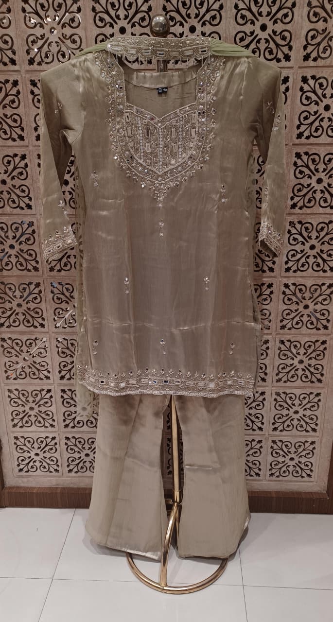 Champagne Gold Tissue Kurta & Flared Palazzo Set with Intricate Mirror Work.
