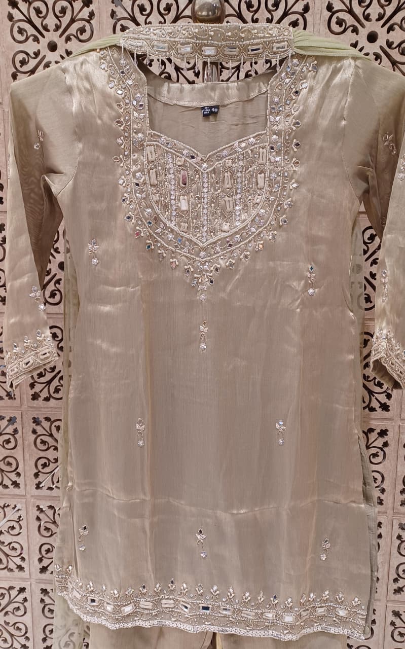 Champagne Gold Tissue Kurta & Flared Palazzo Set with Intricate Mirror Work.