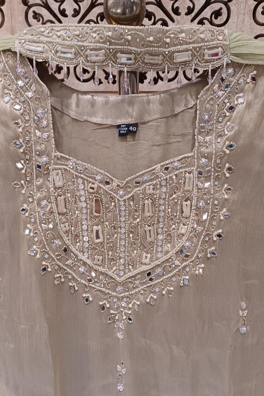 Champagne Gold Tissue Kurta & Flared Palazzo Set with Intricate Mirror Work.