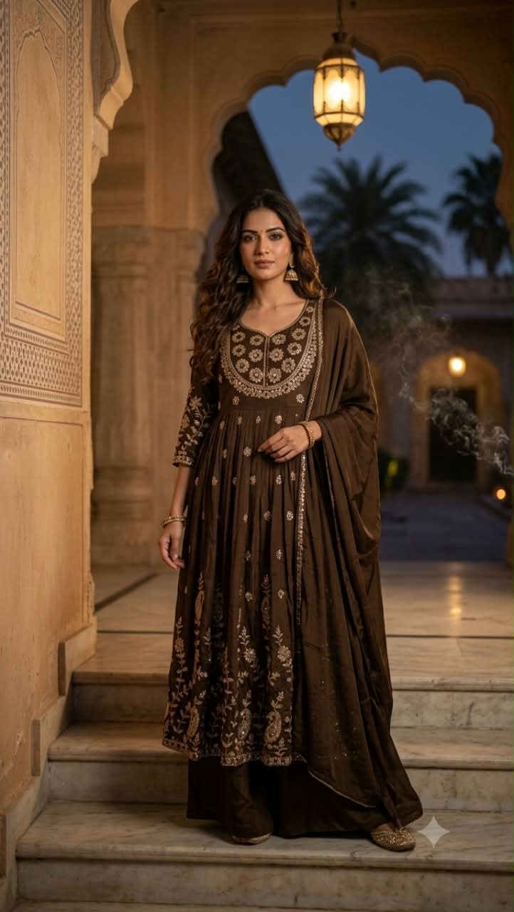 Coffee Brown Georgette Anarkali Suit Set with Intricate Gota Patti & Mirror Work