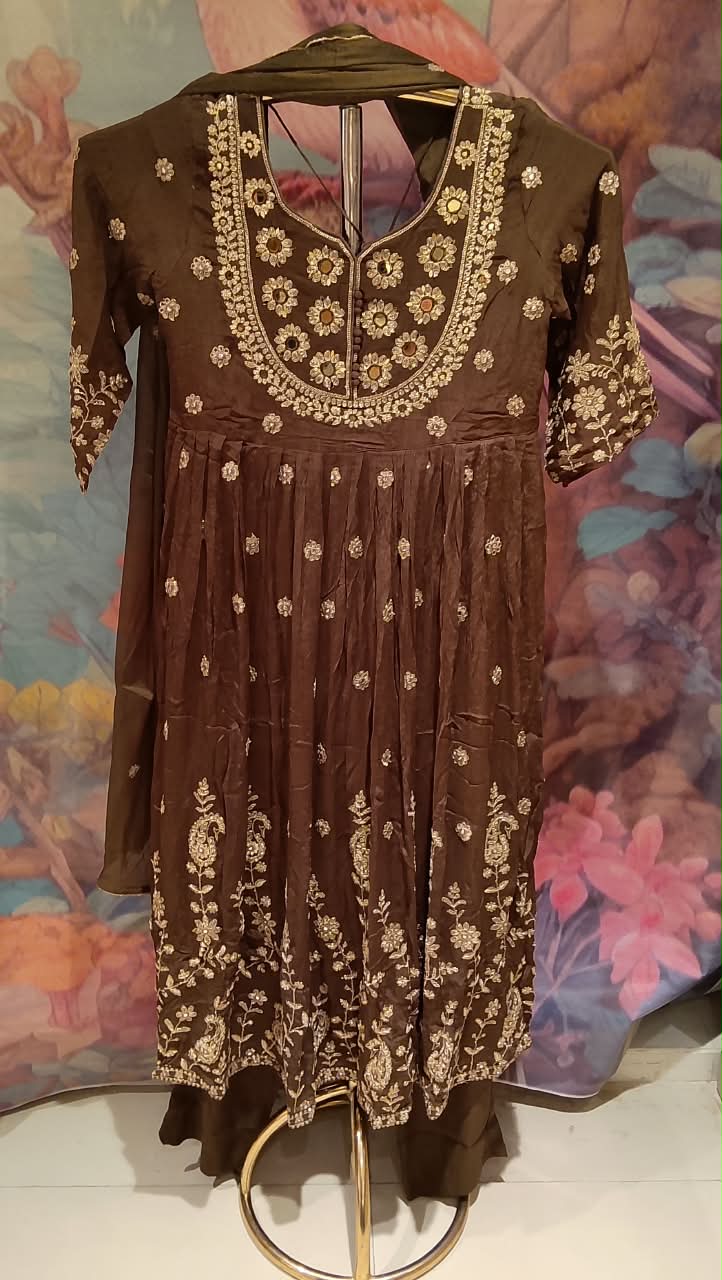Coffee Brown Georgette Anarkali Suit Set with Intricate Gota Patti & Mirror Work