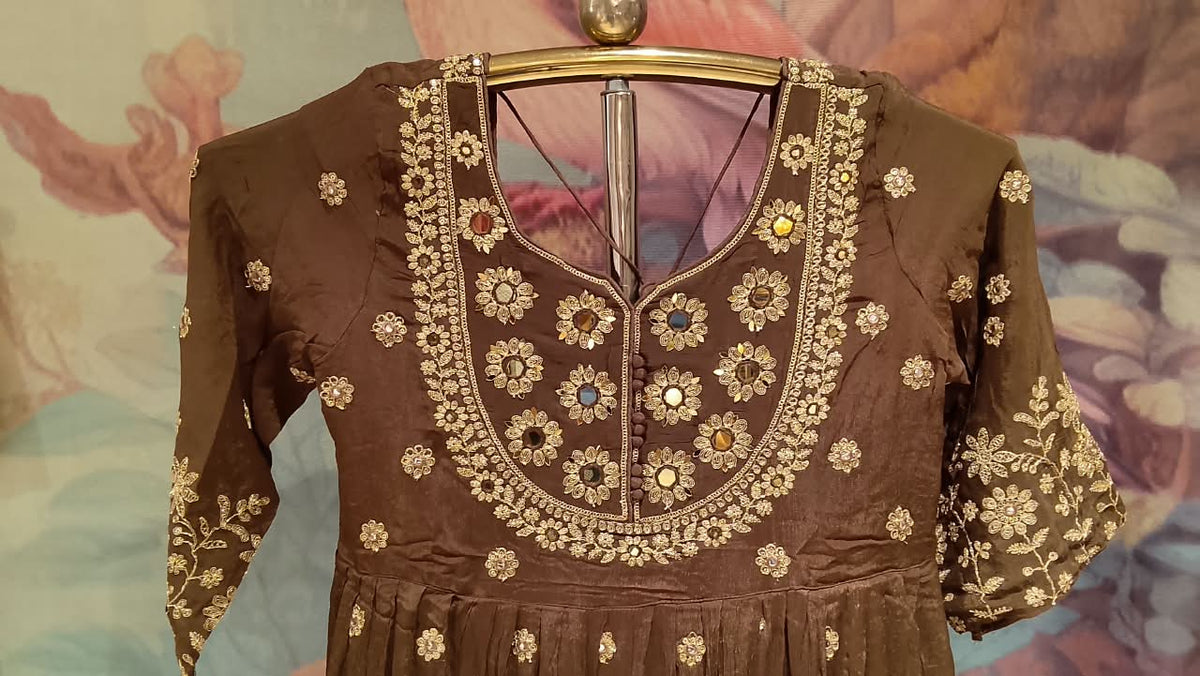Coffee Brown Georgette Anarkali Suit Set with Intricate Gota Patti & Mirror Work