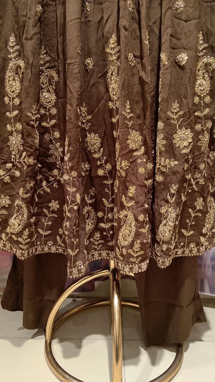 Coffee Brown Georgette Anarkali Suit Set with Intricate Gota Patti & Mirror Work