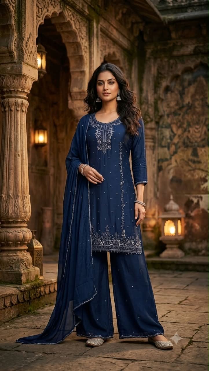 Midnight Navy Blue Georgette Straight Kurta & Palazzo Set with Heavy Mirror & Zardozi Embellishments