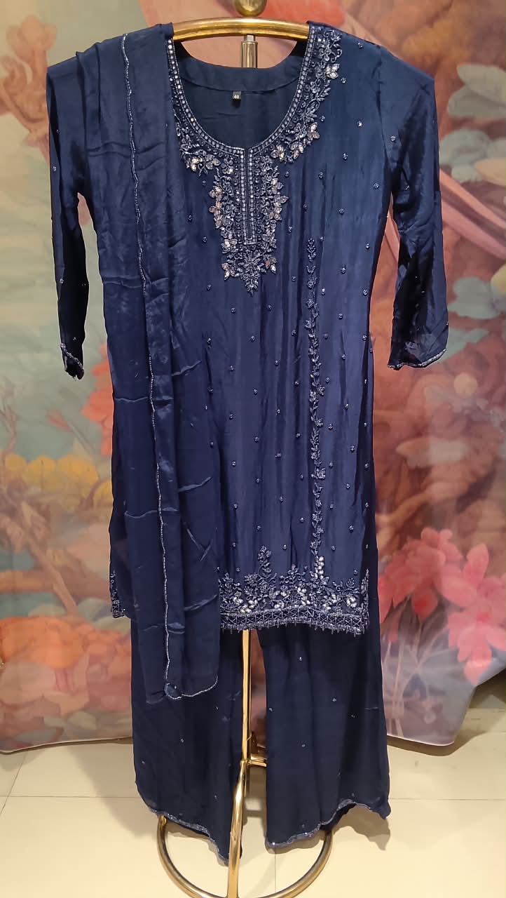 Midnight Navy Blue Georgette Straight Kurta & Palazzo Set with Heavy Mirror & Zardozi Embellishments