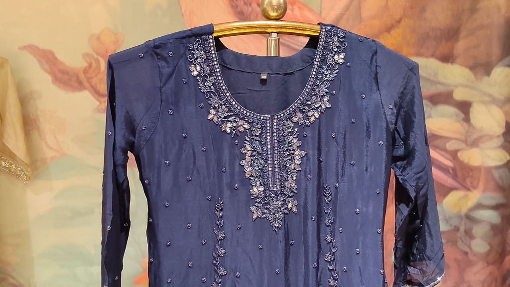Midnight Navy Blue Georgette Straight Kurta & Palazzo Set with Heavy Mirror & Zardozi Embellishments