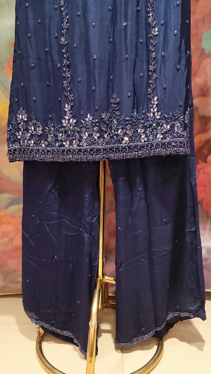 Midnight Navy Blue Georgette Straight Kurta & Palazzo Set with Heavy Mirror & Zardozi Embellishments