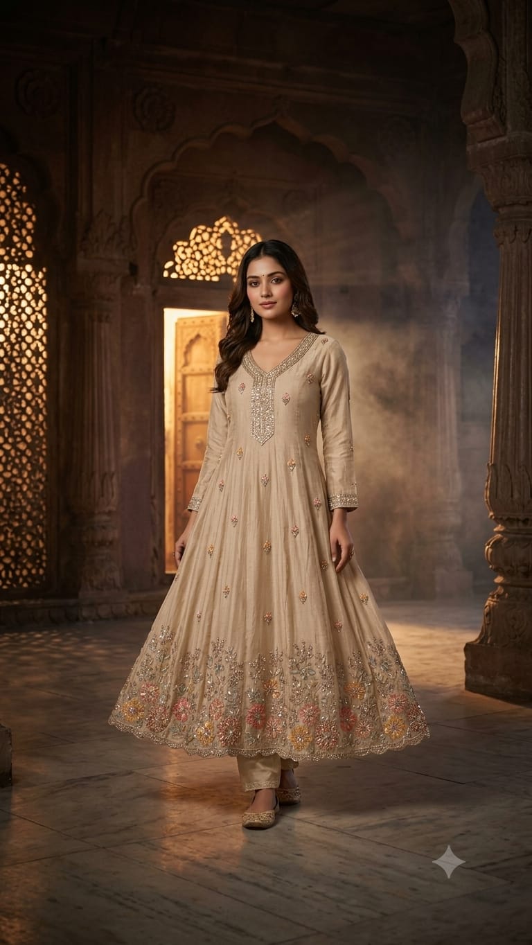Beige Simmer Silk Anarkali Suit Set with Multi-Color Pastel Floral Embroidery.