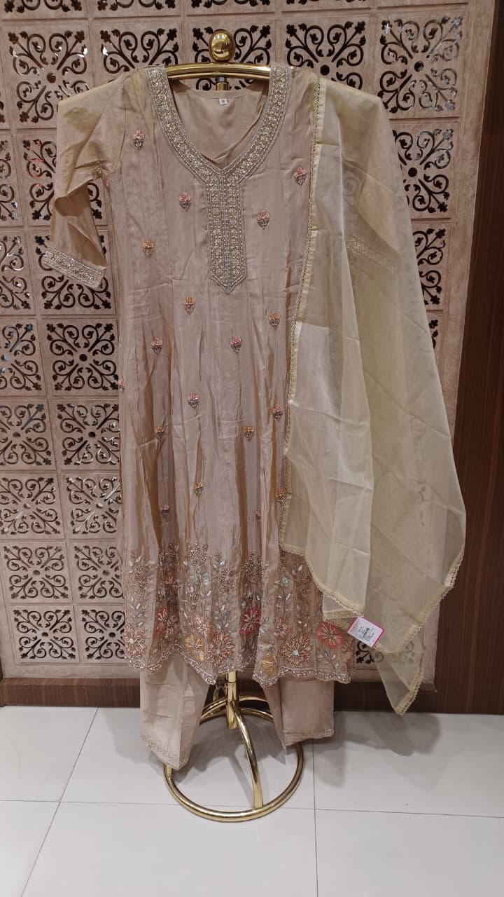 Beige Simmer Silk Anarkali Suit Set with Multi-Color Pastel Floral Embroidery.