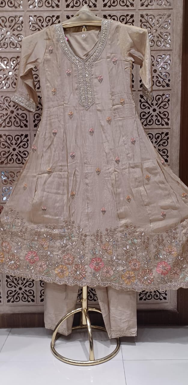 Beige Simmer Silk Anarkali Suit Set with Multi-Color Pastel Floral Embroidery.
