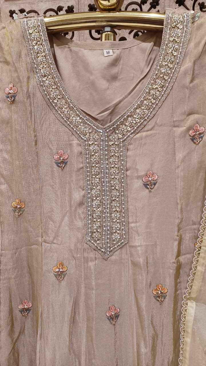 Beige Simmer Silk Anarkali Suit Set with Multi-Color Pastel Floral Embroidery.