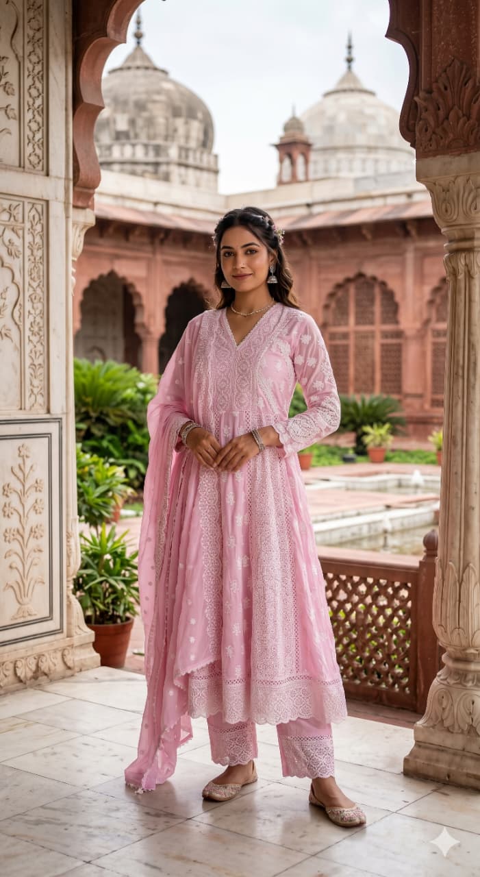 Baby Pink Mul Cotton Chikankari Anarkali Suit Set with Lace Inserts.