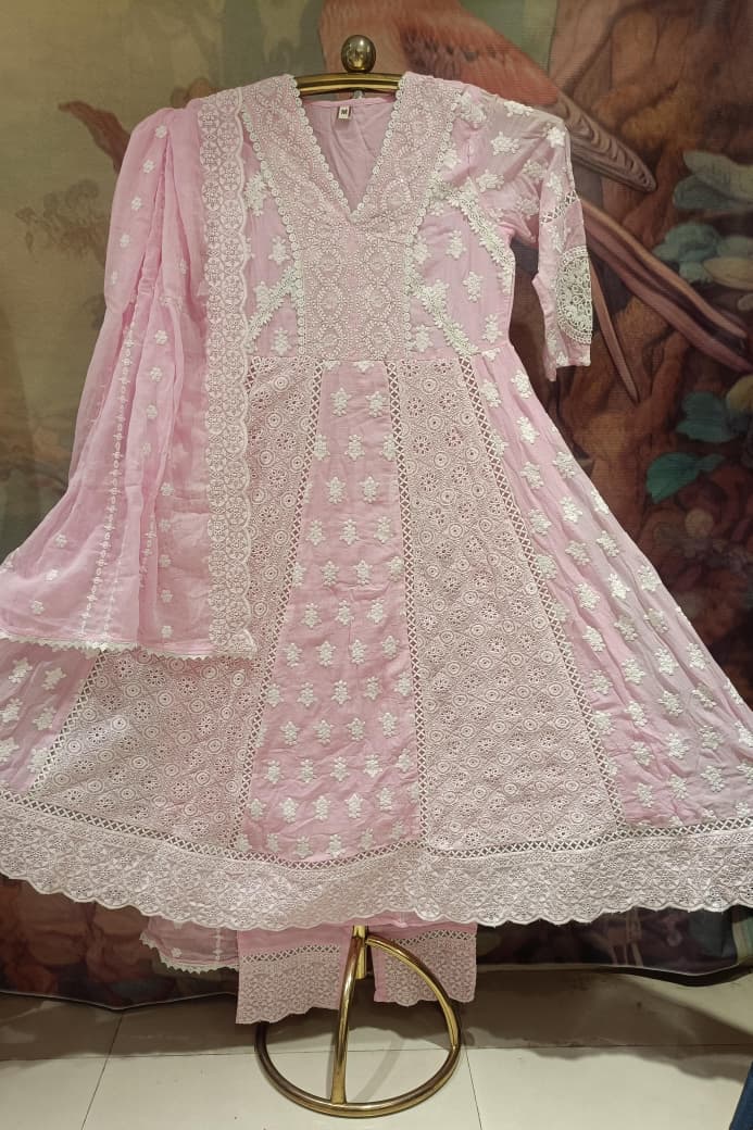 Baby Pink Mul Cotton Chikankari Anarkali Suit Set with Lace Inserts.