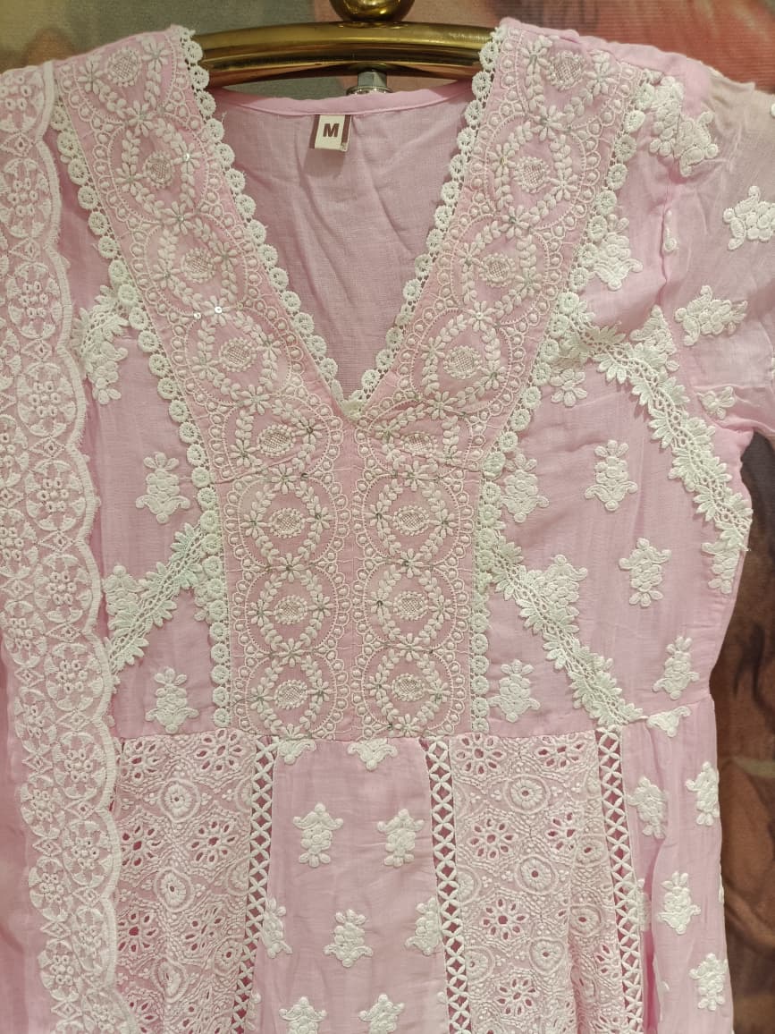 Baby Pink Mul Cotton Chikankari Anarkali Suit Set with Lace Inserts.