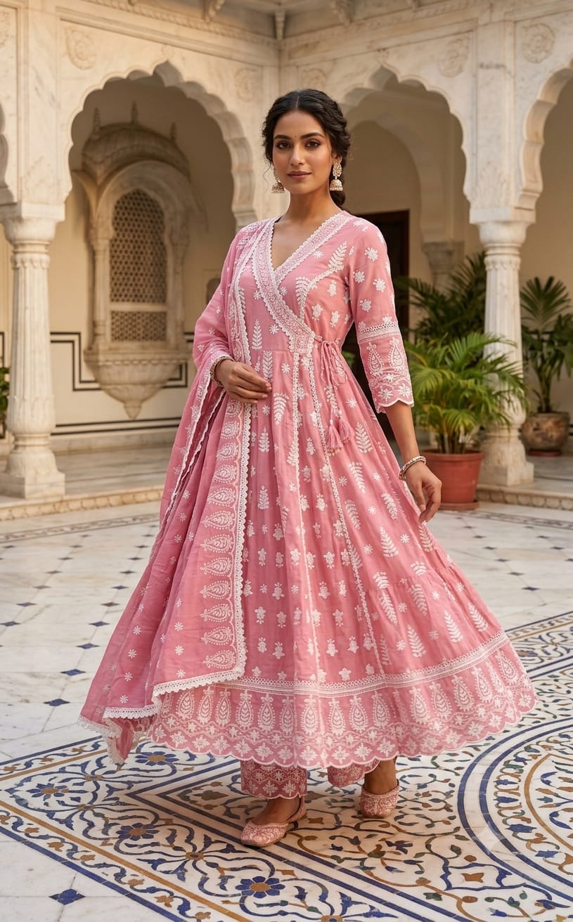 Blush Pink Mul Cotton Angrakha Anarkali Suit Set with Intricate Chikankari-Style Embroidery