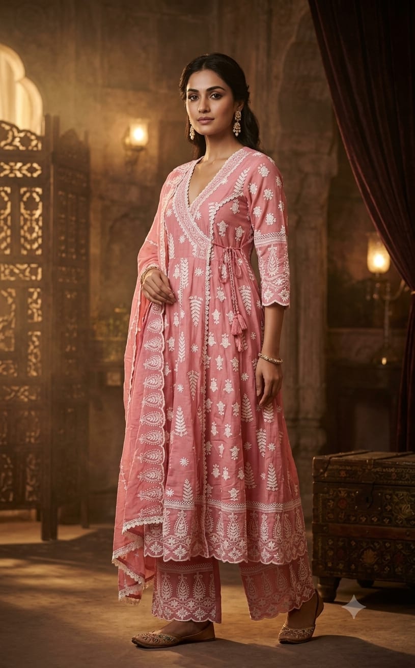 Blush Pink Mul Cotton Angrakha Anarkali Suit Set with Intricate Chikankari-Style Embroidery