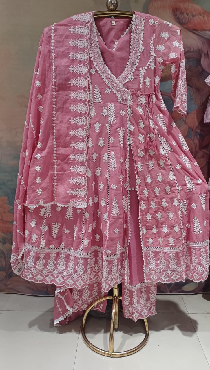 Blush Pink Mul Cotton Angrakha Anarkali Suit Set with Intricate Chikankari-Style Embroidery