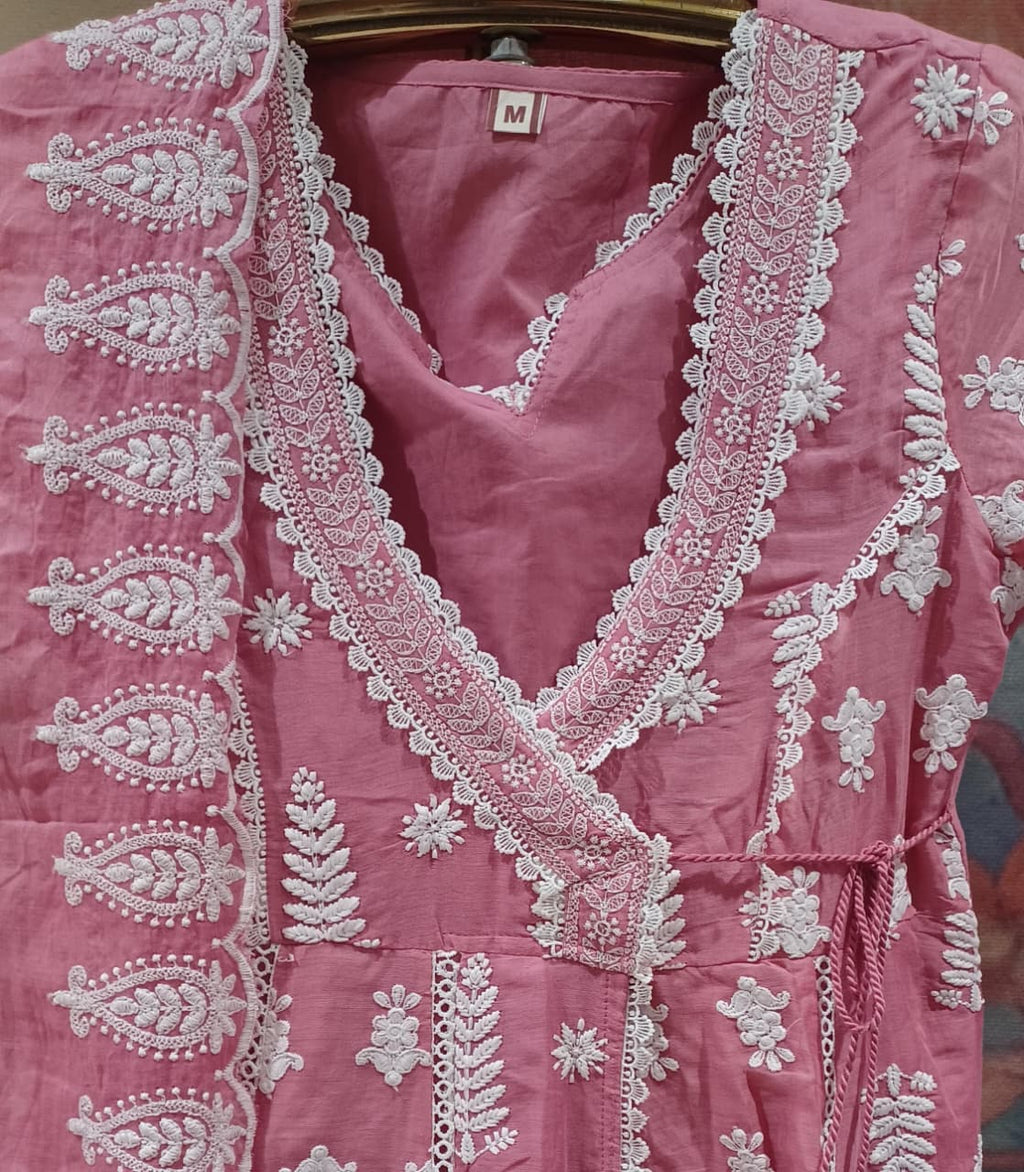 Blush Pink Mul Cotton Angrakha Anarkali Suit Set with Intricate Chikankari-Style Embroidery