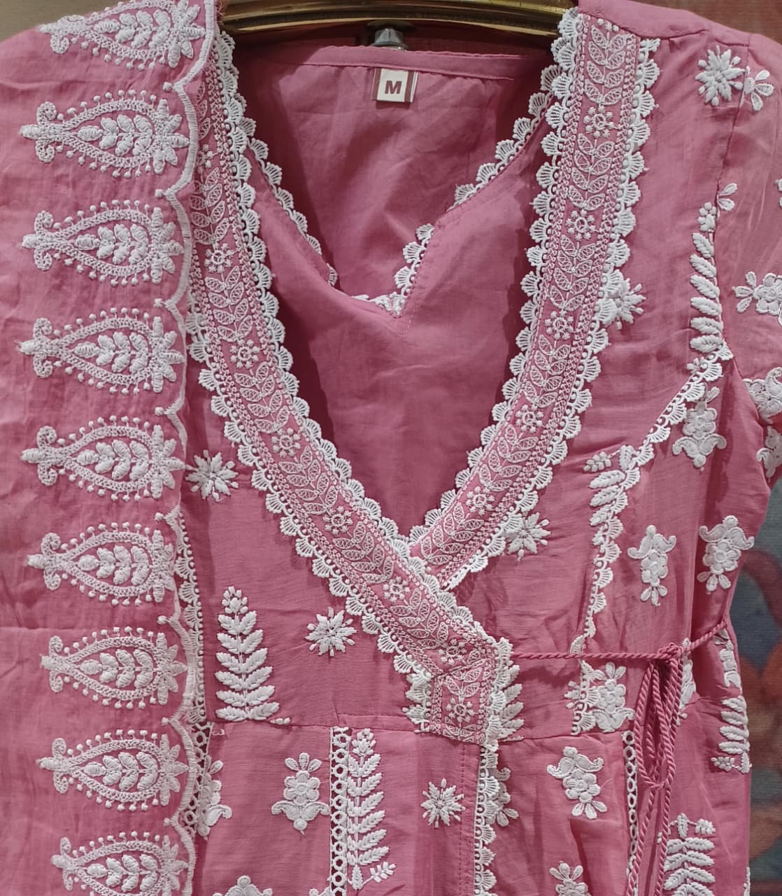Blush Pink Mul Cotton Angrakha Anarkali Suit Set with Intricate Chikankari-Style Embroidery