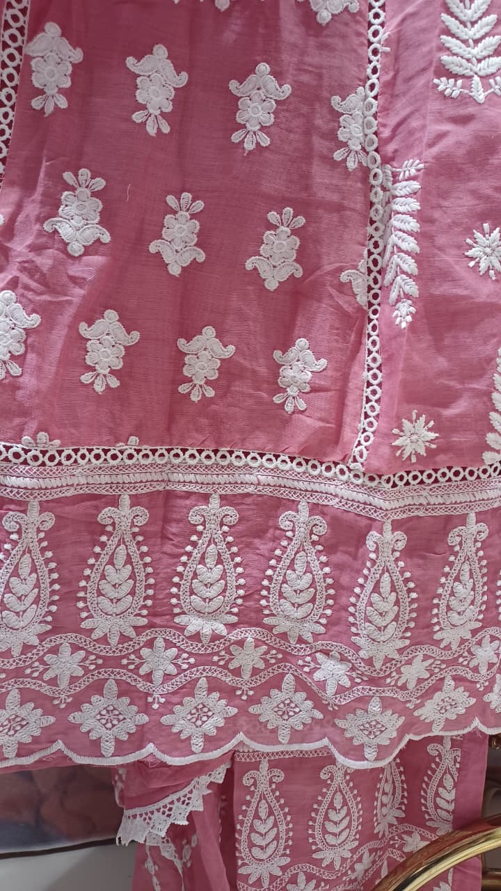 Blush Pink Mul Cotton Angrakha Anarkali Suit Set with Intricate Chikankari-Style Embroidery