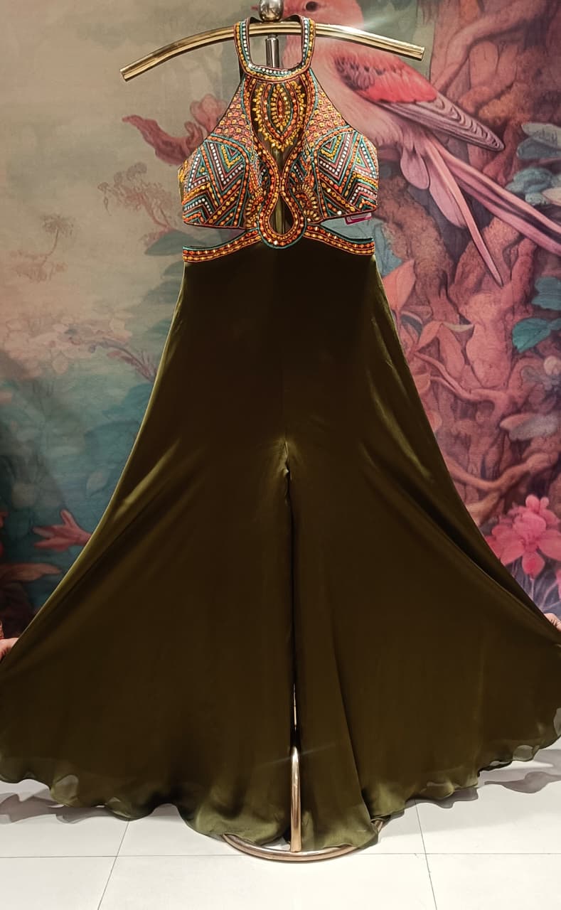 Olive Green Flared Jumpsuit with Heavily Embroidered Halter Neckline & Side Cut-Outs