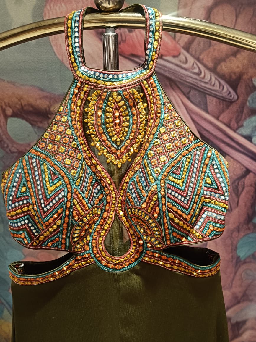 Olive Green Flared Jumpsuit with Heavily Embroidered Halter Neckline & Side Cut-Outs
