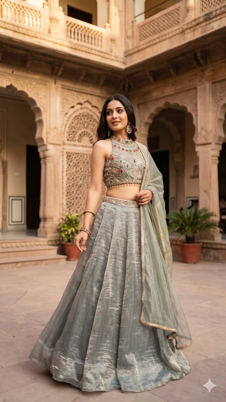 Elegant Grey Lehenga Set with Multicolour Embellished Blouse.