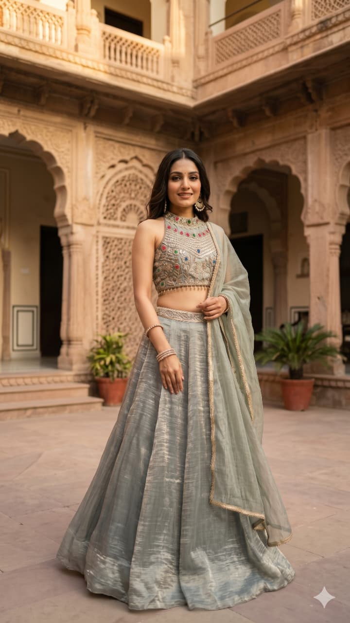 Elegant Grey Lehenga Set with Multicolour Embellished Blouse.