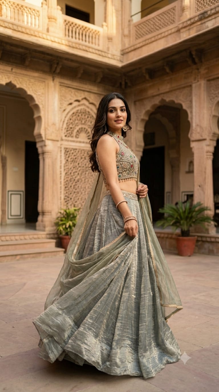 Elegant Grey Lehenga Set with Multicolour Embellished Blouse.