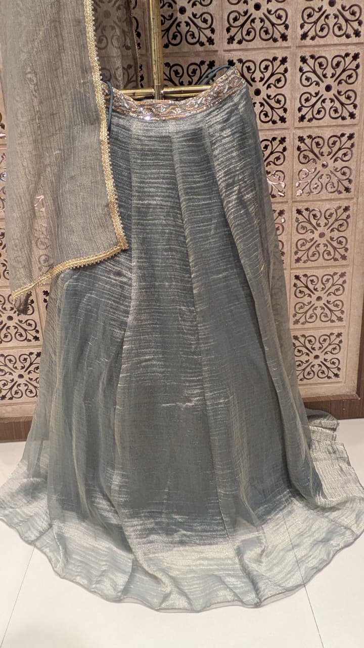 Elegant Grey Lehenga Set with Multicolour Embellished Blouse.