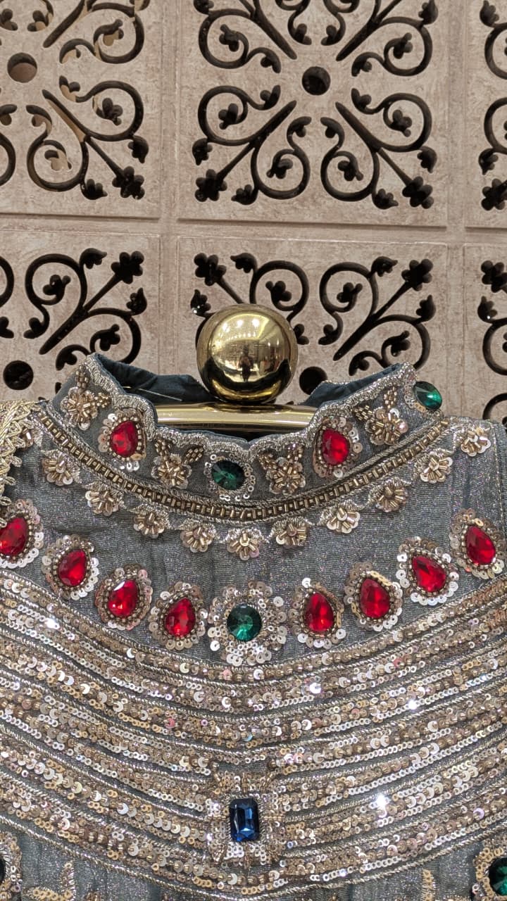 Elegant Grey Lehenga Set with Multicolour Embellished Blouse.