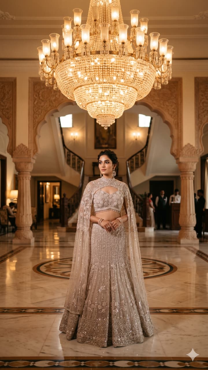 Ethereal Golden Fish-Cut Lehenga Choli Set.