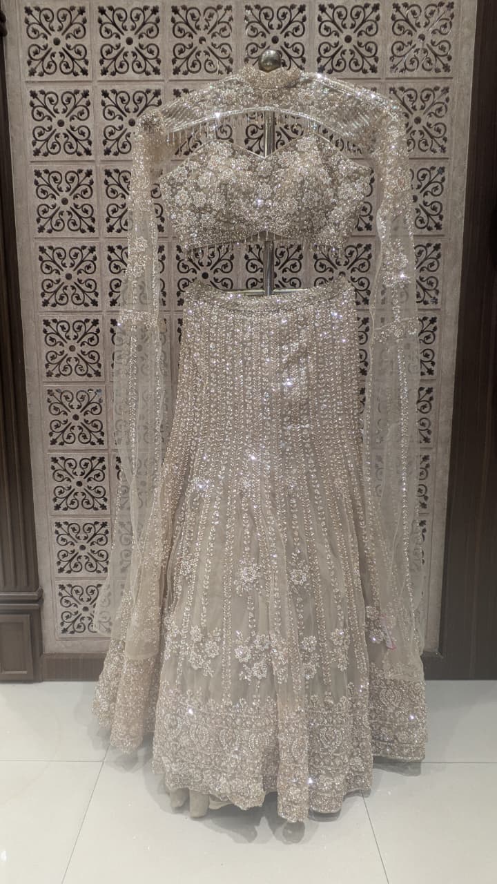 Ethereal Golden Fish-Cut Lehenga Choli Set.