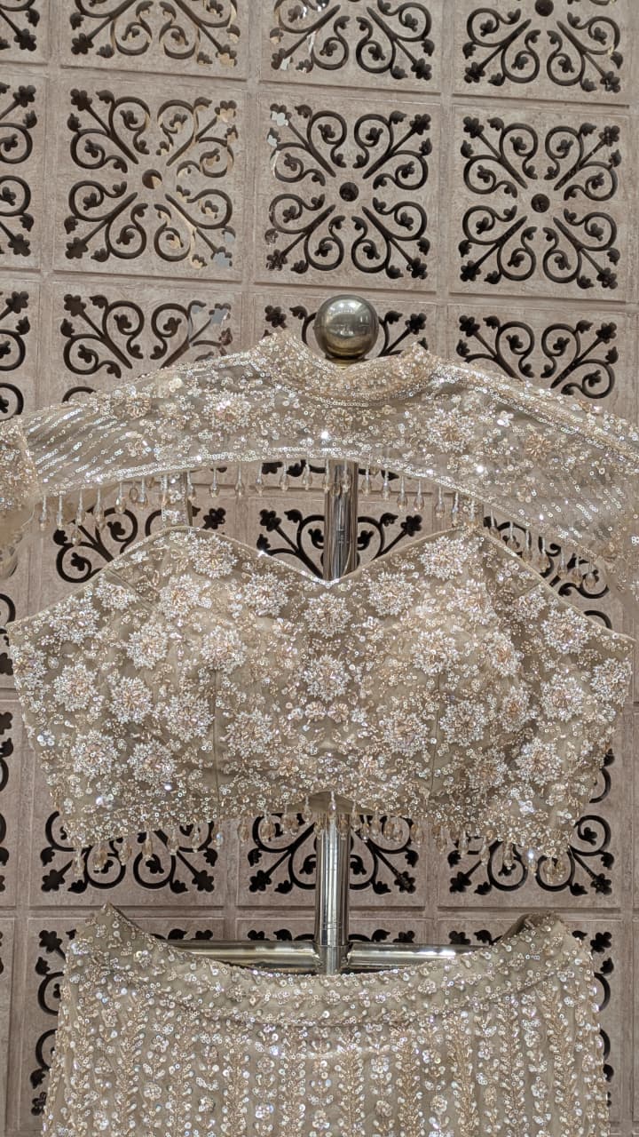 Ethereal Golden Fish-Cut Lehenga Choli Set.
