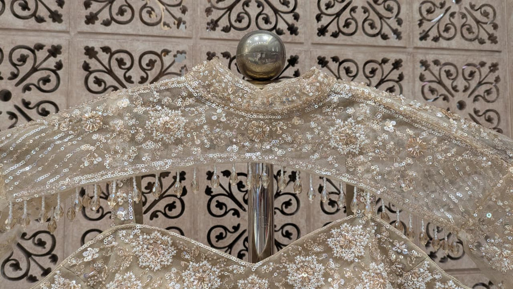 Ethereal Golden Fish-Cut Lehenga Choli Set.