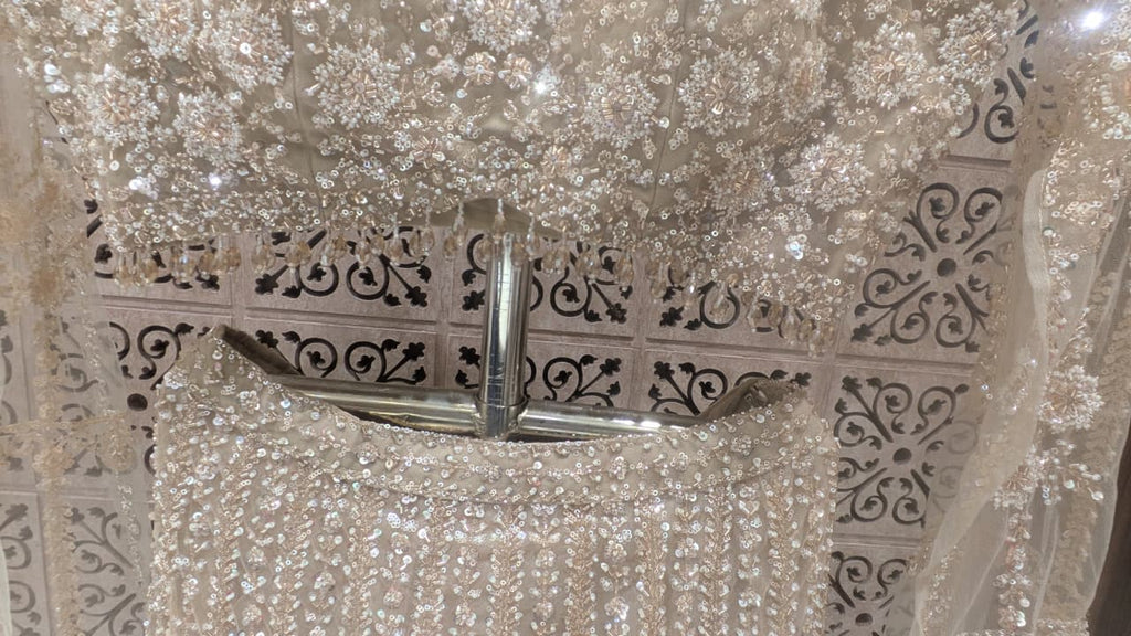 Ethereal Golden Fish-Cut Lehenga Choli Set.