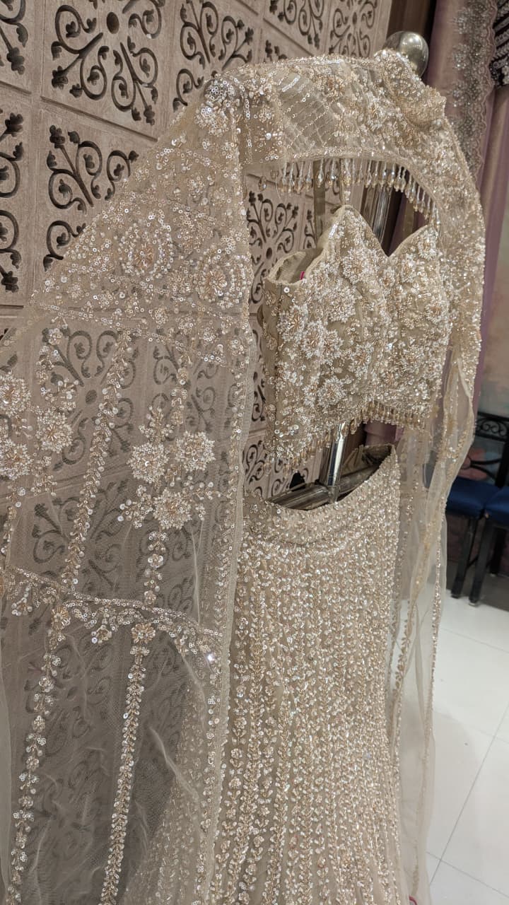 Ethereal Golden Fish-Cut Lehenga Choli Set.