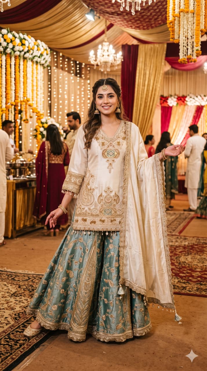Majestic Ivory & Sage Green Simmer Silk Embroidered Gharara Suit Set.