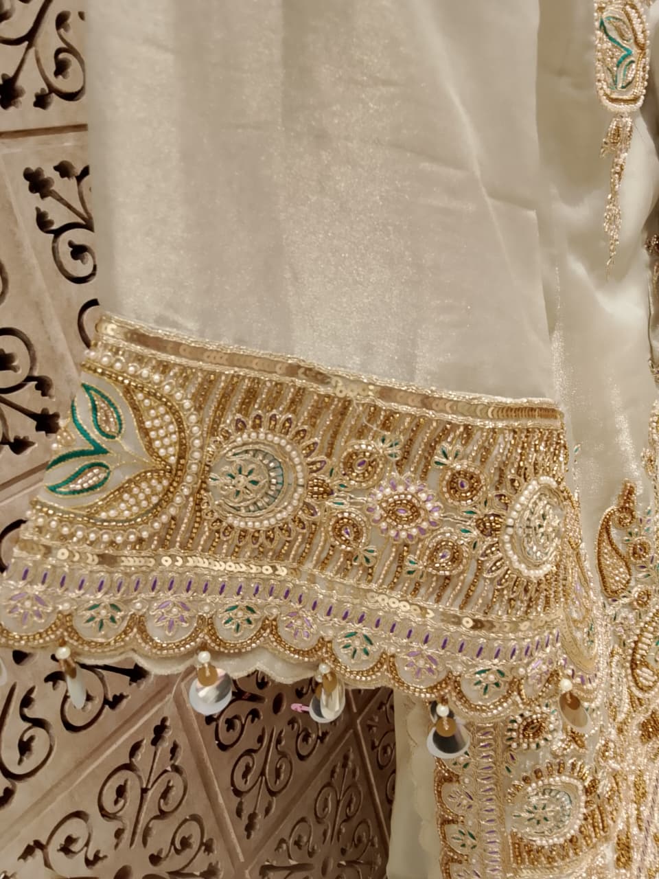 Majestic Ivory & Sage Green Simmer Silk Embroidered Gharara Suit Set.