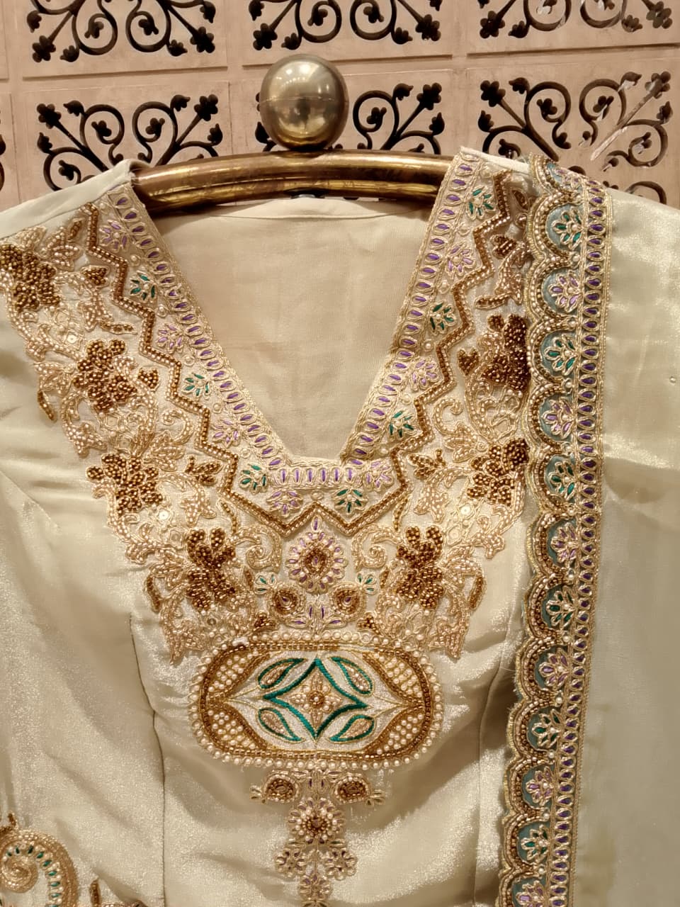 Majestic Ivory & Sage Green Simmer Silk Embroidered Gharara Suit Set.