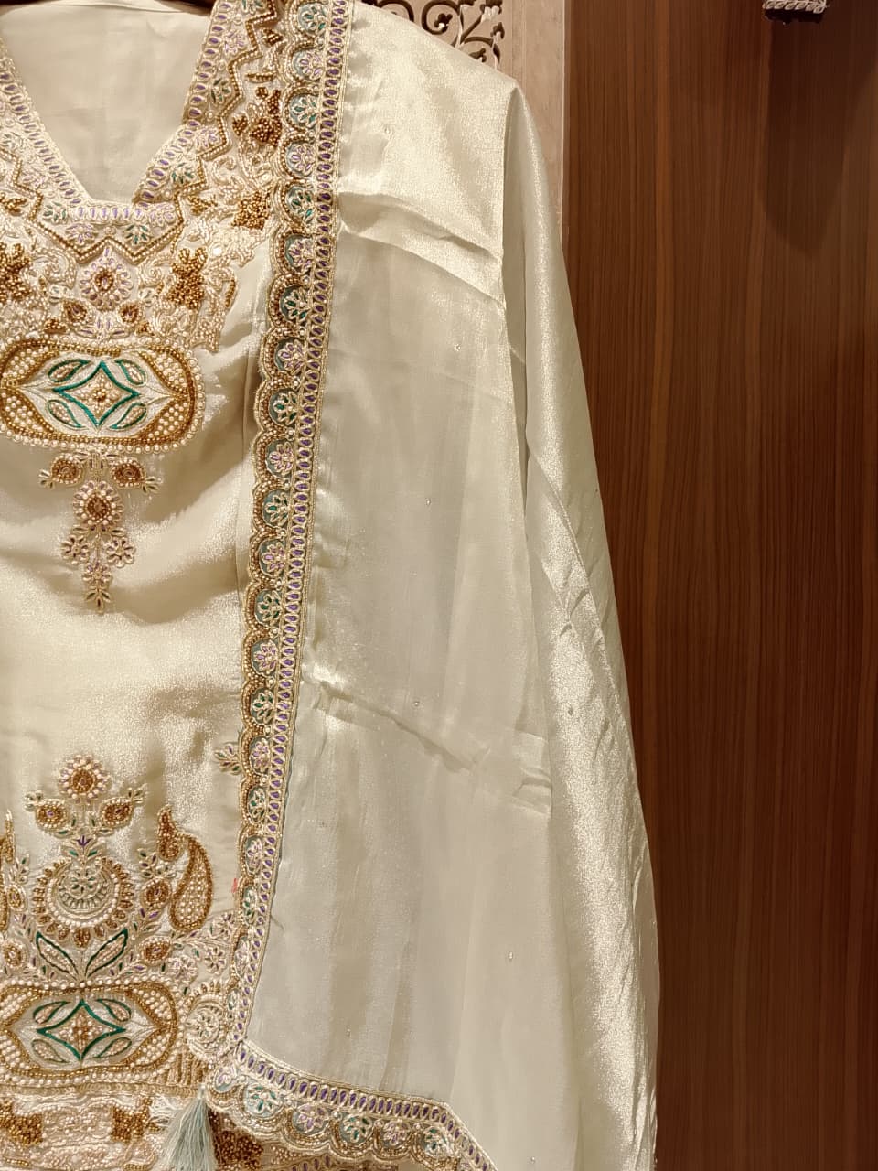 Majestic Ivory & Sage Green Simmer Silk Embroidered Gharara Suit Set.
