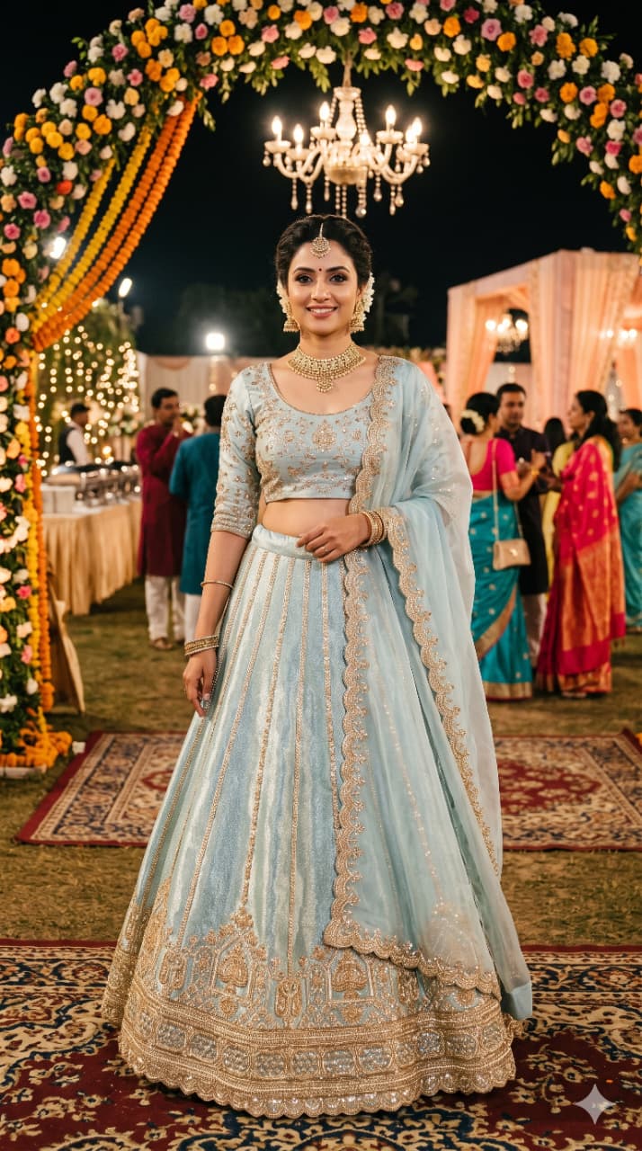 Powder Blue Tissue Unstitched Lehenga Choli Material Set.