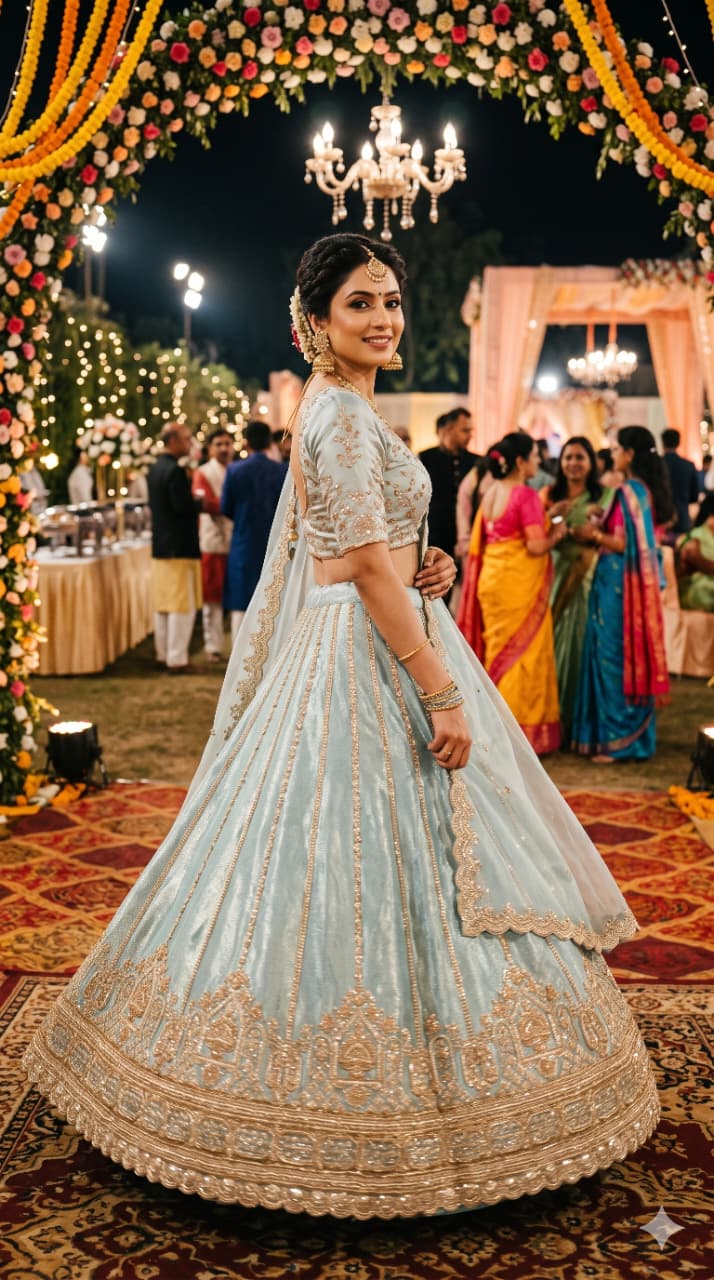 Powder Blue Tissue Unstitched Lehenga Choli Material Set.