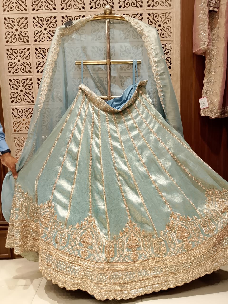 Powder Blue Tissue Unstitched Lehenga Choli Material Set.