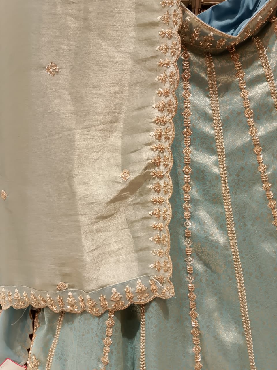 Powder Blue Tissue Unstitched Lehenga Choli Material Set.