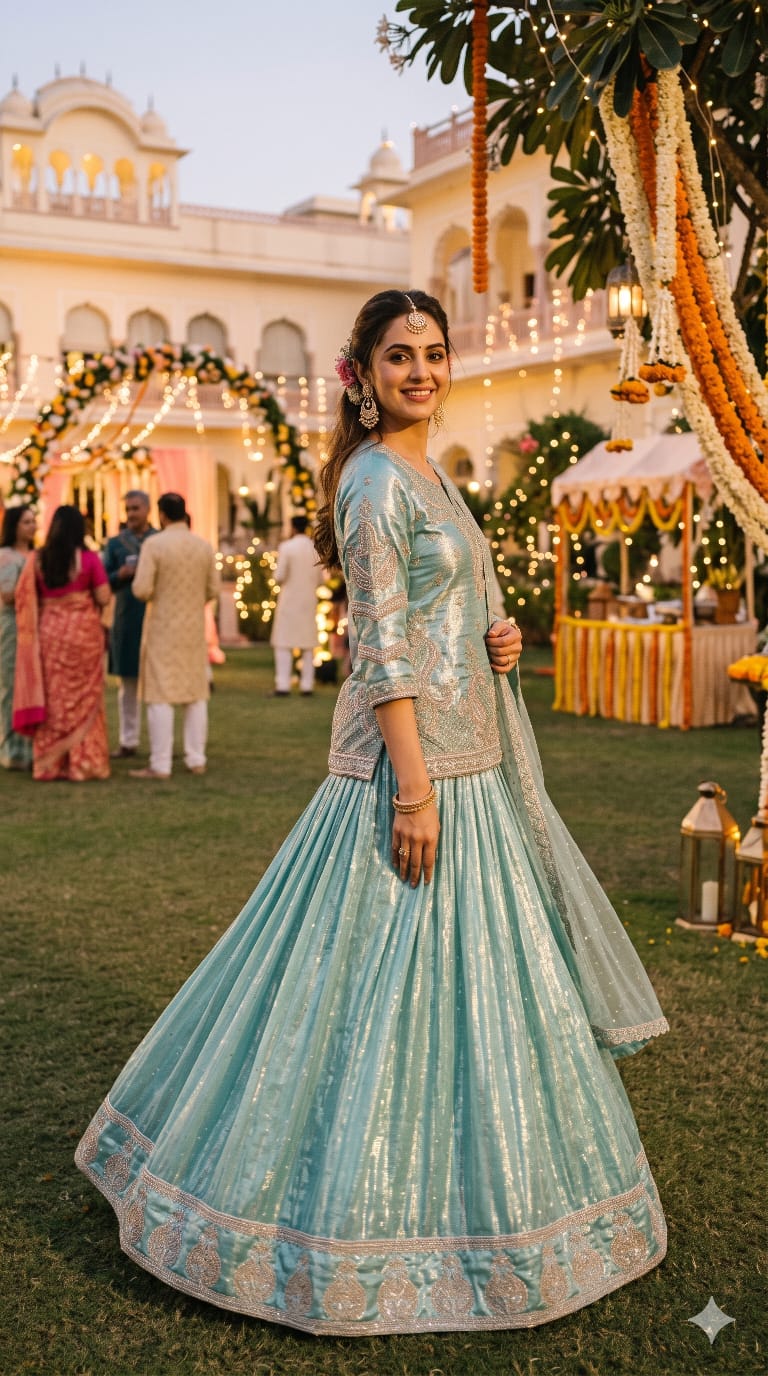 Enchanting Mint Blue Organza Embroidered Short Kurti & Lehenga Set.